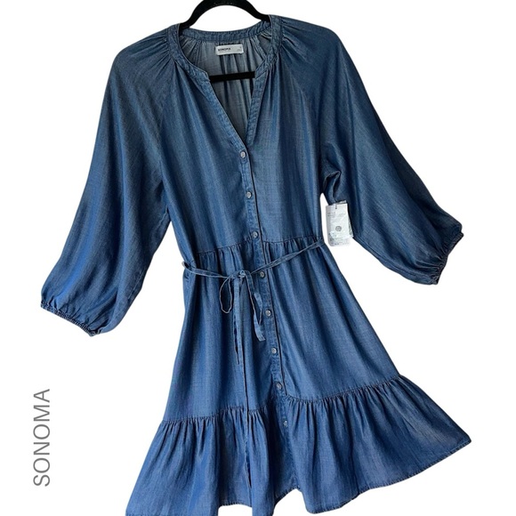Sonoma Dresses & Skirts - NWT | BOHO CHAMBRAY BLUE BUTTON UP DRESS RUFFLE HEM BALLOON SLEEVE | SIZE: SMALL